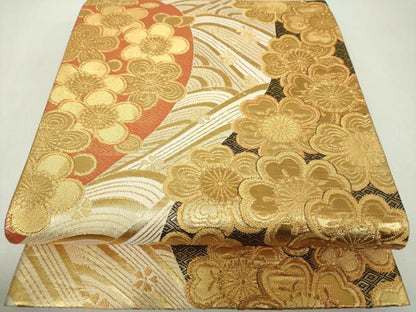 平和屋着物▼本綾佐賀錦　伝統工芸品産業功労者　岡野武一郎　六通柄袋帯　流水桜　金糸　正絹　逸品　DABG8014ps