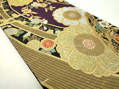 平和屋着物▼六通柄袋帯　枝垂れ桜　立波に桜　金銀糸　正絹　逸品　DABG8029ps