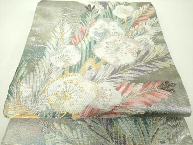 平和屋着物▼西陣　帯匠山下謹製　六通柄袋帯　華ごよみ　紅梅若松文　金銀糸　証紙付き　正絹　逸品　DABG8032ps