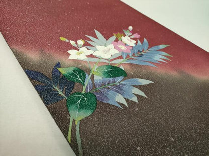 平和屋着物▼二代目清次郎　手描き　両面　太鼓柄袋帯　草花文　銀通し地　正絹　逸品　DABG8059ps