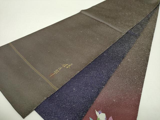 平和屋着物▼二代目清次郎　手描き　両面　太鼓柄袋帯　草花文　銀通し地　正絹　逸品　DABG8059ps