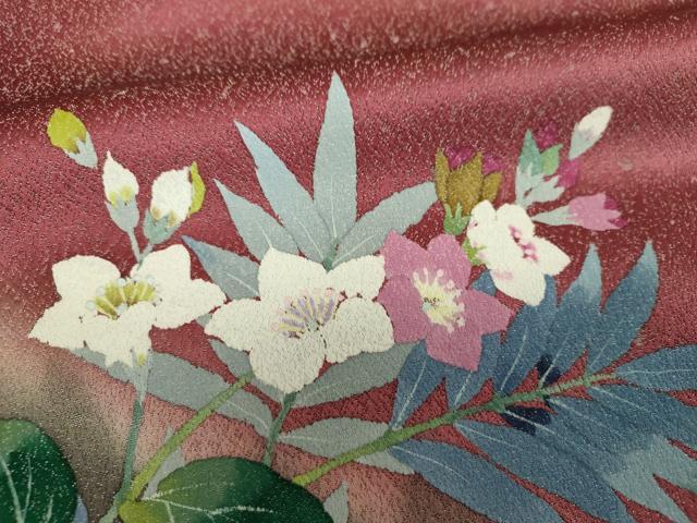 平和屋着物▼二代目清次郎　手描き　両面　太鼓柄袋帯　草花文　銀通し地　正絹　逸品　DABG8059ps