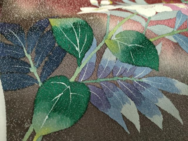 平和屋着物▼二代目清次郎　手描き　両面　太鼓柄袋帯　草花文　銀通し地　正絹　逸品　DABG8059ps