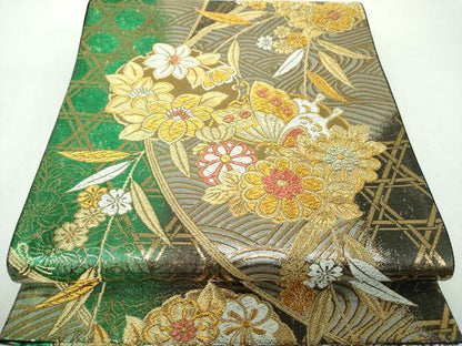 平和屋着物▼六通柄袋帯　枝垂れ桜　舞蝶花丸文　金銀糸　引箔　正絹　逸品　DABG8090ps