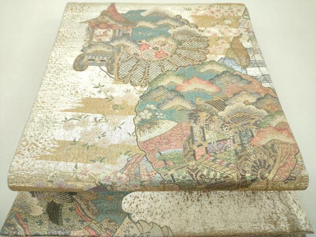 平和屋着物▼六通柄袋帯　きりこ織　雪輪御所車花文　平安人物文　金銀糸　正絹　逸品　DABG8119ps