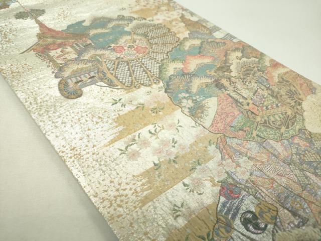 平和屋着物▼六通柄袋帯　きりこ織　雪輪御所車花文　平安人物文　金銀糸　正絹　逸品　DABG8119ps