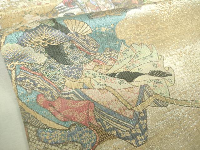 平和屋着物▼六通柄袋帯　きりこ織　雪輪御所車花文　平安人物文　金銀糸　正絹　逸品　DABG8119ps