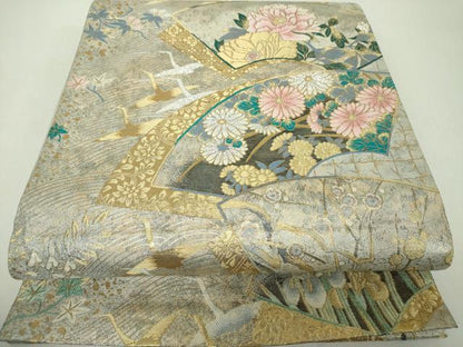 平和屋着物▼六通柄袋帯　唐織　地紙飛鶴花文　槍梅　金銀糸　正絹　逸品　DABG8145ps