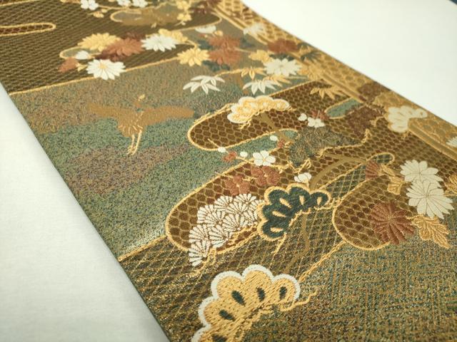 平和屋着物▼佐賀錦　六通柄袋帯　霞飛鶴松竹梅　金糸　引箔　正絹　逸品　DABG8150ps
