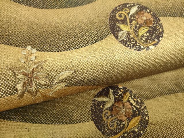 平和屋着物▼太鼓柄袋帯　刺繍　孔雀花丸文　金彩　引箔　正絹　逸品　DABG8159ps