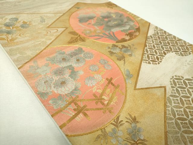 平和屋着物▼太鼓柄袋帯　駒刺繍　松皮菱花丸文　金銀彩　正絹　逸品　DABG8180ps