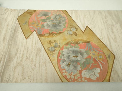 平和屋着物▼太鼓柄袋帯　駒刺繍　松皮菱花丸文　金銀彩　正絹　逸品　DABG8180ps
