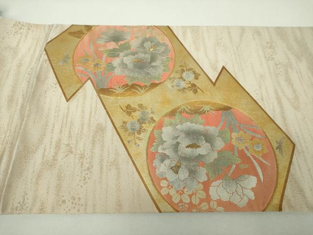 平和屋着物▼太鼓柄袋帯　駒刺繍　松皮菱花丸文　金銀彩　正絹　逸品　DABG8180ps