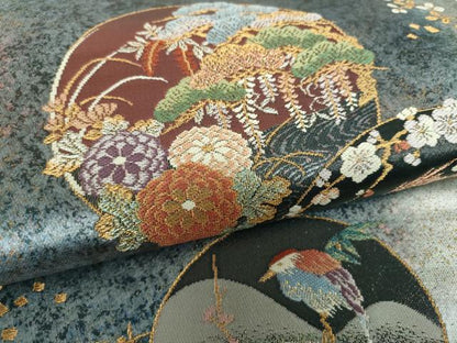 平和屋着物▼六通柄袋帯　唐織　光釉色箔　花鳥丸文　金銀糸　引箔　正絹　逸品　DABG8199ps