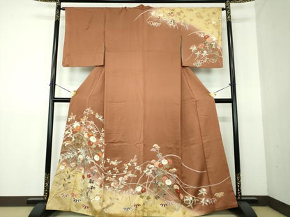 平和屋着物●訪問着　駒刺繍　秋草文　暈し染め　金彩　正絹　逸品　DABG8202ps