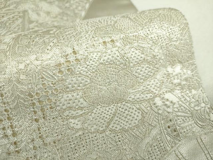 平和屋着物▼中国三大刺繍　スワトウ相良刺繍　汕頭相良刺繍　総刺繍　太鼓柄袋帯　絽刺し　扇面花文　銀糸　正絹　逸品　DABG8227ps