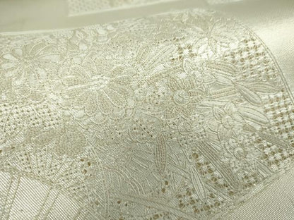 平和屋着物▼中国三大刺繍　スワトウ相良刺繍　汕頭相良刺繍　総刺繍　太鼓柄袋帯　絽刺し　扇面花文　銀糸　正絹　逸品　DABG8227ps