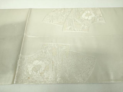 平和屋着物▼中国三大刺繍　スワトウ相良刺繍　汕頭相良刺繍　総刺繍　太鼓柄袋帯　絽刺し　扇面花文　銀糸　正絹　逸品　DABG8227ps