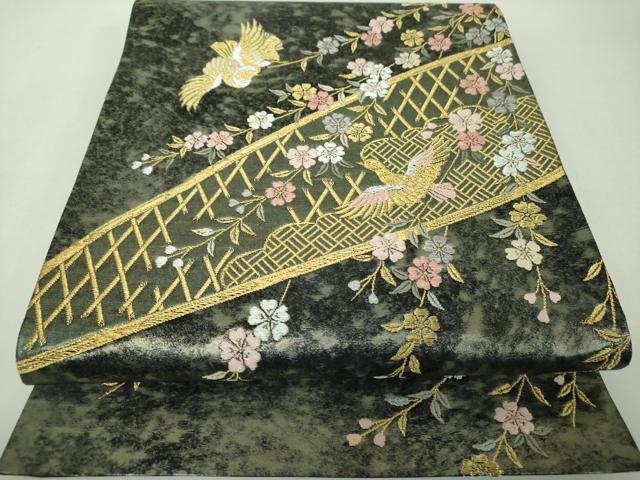 平和屋着物▼西陣　高島織物謹製　六通柄袋帯　青銅箔　枝垂れ桜鳳凰文　黒地　金銀糸　引箔　正絹　逸品　DABG8232ps