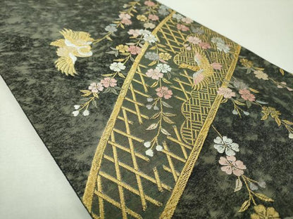 平和屋着物▼西陣　高島織物謹製　六通柄袋帯　青銅箔　枝垂れ桜鳳凰文　黒地　金銀糸　引箔　正絹　逸品　DABG8232ps
