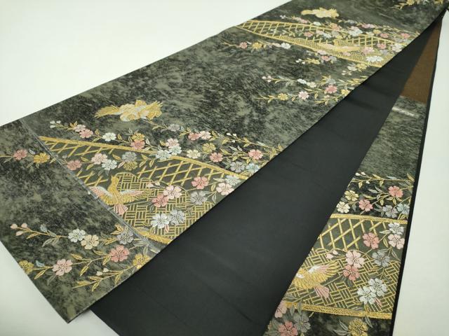 平和屋着物▼西陣　高島織物謹製　六通柄袋帯　青銅箔　枝垂れ桜鳳凰文　黒地　金銀糸　引箔　正絹　逸品　DABG8232ps