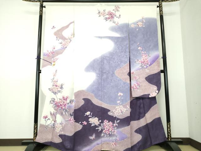 平和屋着物●森英恵・HANAE MORI　振袖　流水舞蝶花文　暈し染め　金彩　金通し地　正絹　逸品　DABG8240ps