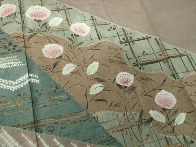 平和屋着物●訪問着　紬地　絞り　草花文　金彩　正絹　逸品　DABG8243ps