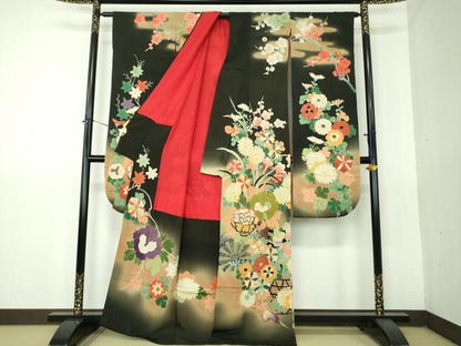 平和屋本店●アンティーク　大正ロマン　振袖　駒刺繍　源氏車吉祥花文　暈し染め　金彩　正絹　逸品　DABG8261ps