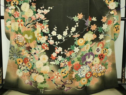 平和屋本店●アンティーク　大正ロマン　振袖　駒刺繍　源氏車吉祥花文　暈し染め　金彩　正絹　逸品　DABG8261ps