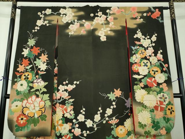 平和屋本店●アンティーク　大正ロマン　振袖　駒刺繍　源氏車吉祥花文　暈し染め　金彩　正絹　逸品　DABG8261ps
