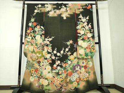 平和屋本店●アンティーク　大正ロマン　振袖　駒刺繍　源氏車吉祥花文　暈し染め　金彩　正絹　逸品　DABG8261ps