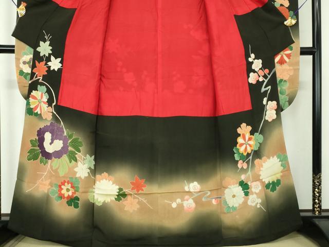 平和屋本店●アンティーク　大正ロマン　振袖　駒刺繍　源氏車吉祥花文　暈し染め　金彩　正絹　逸品　DABG8261ps