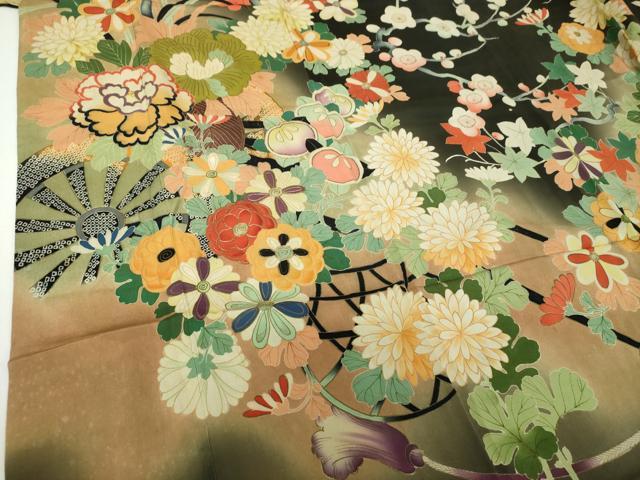 平和屋本店●アンティーク　大正ロマン　振袖　駒刺繍　源氏車吉祥花文　暈し染め　金彩　正絹　逸品　DABG8261ps