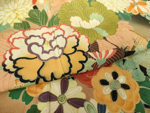 平和屋本店●アンティーク　大正ロマン　振袖　駒刺繍　源氏車吉祥花文　暈し染め　金彩　正絹　逸品　DABG8261ps