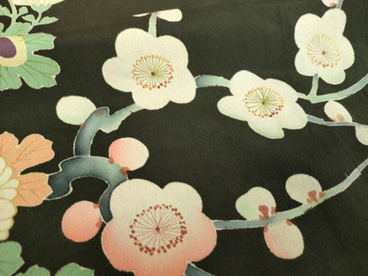 平和屋本店●アンティーク　大正ロマン　振袖　駒刺繍　源氏車吉祥花文　暈し染め　金彩　正絹　逸品　DABG8261ps