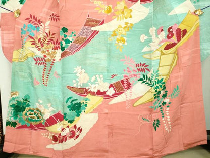 平和屋本店●アンティーク　大正ロマン　振袖　駒刺繍　吉祥花舟　金銀彩　正絹　逸品　DABG8262ps