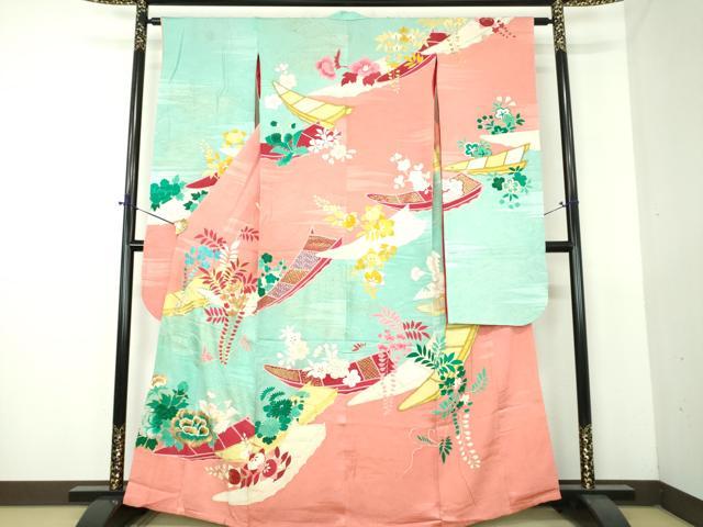 平和屋本店●アンティーク　大正ロマン　振袖　駒刺繍　吉祥花舟　金銀彩　正絹　逸品　DABG8262ps