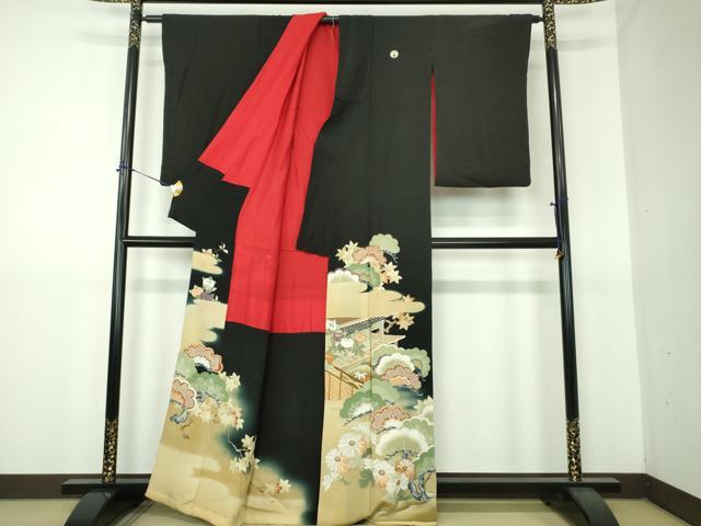 平和屋着物●アンティーク　大正ロマン　黒留袖　駒刺繍　吉祥風景花文　暈し染め　金彩　正絹　逸品　DABG8263ps
