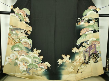平和屋着物●アンティーク　大正ロマン　黒留袖　駒刺繍　吉祥風景花文　暈し染め　金彩　正絹　逸品　DABG8263ps