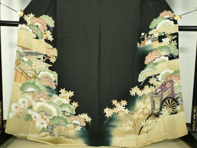 平和屋着物●アンティーク　大正ロマン　黒留袖　駒刺繍　吉祥風景花文　暈し染め　金彩　正絹　逸品　DABG8263ps