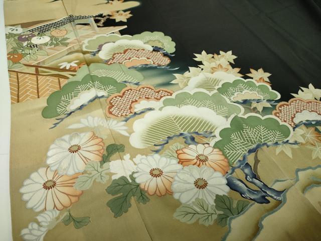 平和屋着物●アンティーク　大正ロマン　黒留袖　駒刺繍　吉祥風景花文　暈し染め　金彩　正絹　逸品　DABG8263ps