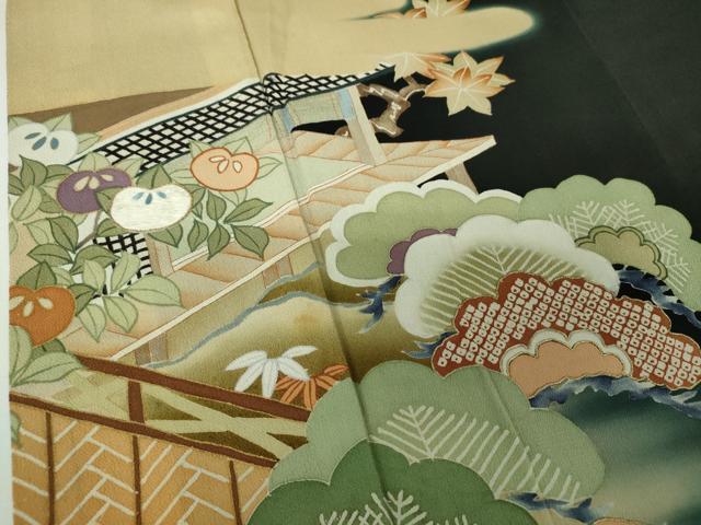 平和屋着物●アンティーク　大正ロマン　黒留袖　駒刺繍　吉祥風景花文　暈し染め　金彩　正絹　逸品　DABG8263ps