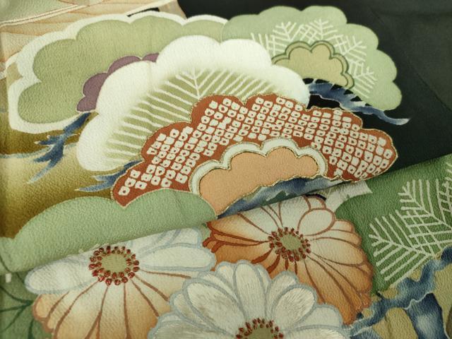 平和屋着物●アンティーク　大正ロマン　黒留袖　駒刺繍　吉祥風景花文　暈し染め　金彩　正絹　逸品　DABG8263ps
