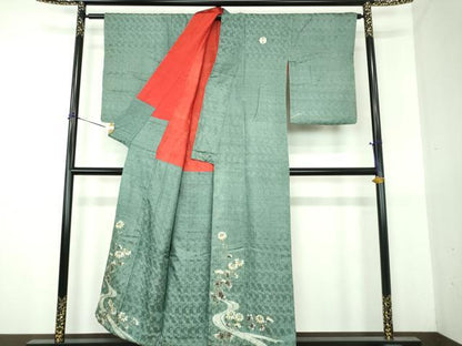 平和屋本店●アンティーク　大正ロマン　中国三大刺繍　相良刺繍　色留袖　流水花文　銀糸　正絹　逸品　DABG8264ps