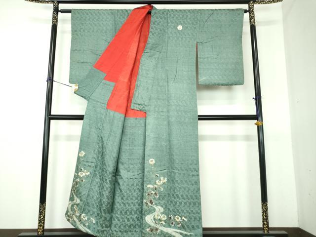 平和屋本店●アンティーク　大正ロマン　中国三大刺繍　相良刺繍　色留袖　流水花文　銀糸　正絹　逸品　DABG8264ps