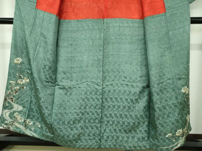 平和屋本店●アンティーク　大正ロマン　中国三大刺繍　相良刺繍　色留袖　流水花文　銀糸　正絹　逸品　DABG8264ps
