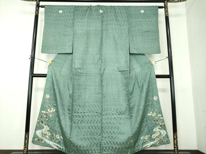 平和屋本店●アンティーク　大正ロマン　中国三大刺繍　相良刺繍　色留袖　流水花文　銀糸　正絹　逸品　DABG8264ps