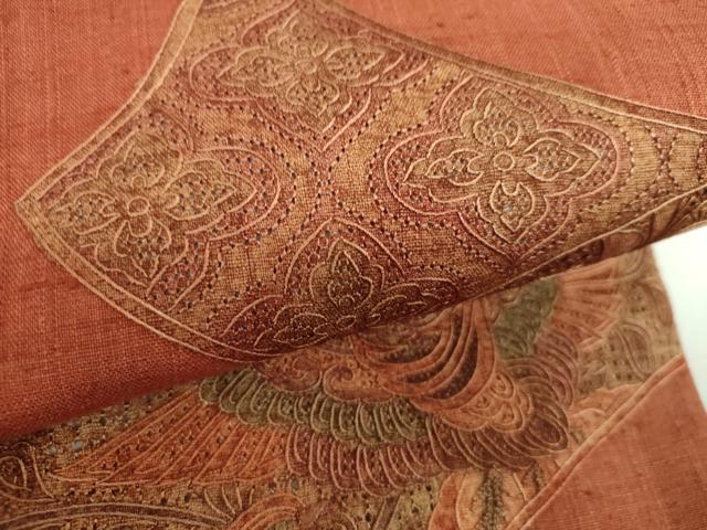 平和屋着物●中国三大刺繍　スワトウ相良刺繍　汕頭相良刺繍　総刺繍　太鼓柄袋帯　紬地　鳳凰花熨斗文　正絹　逸品　未使用　DABG8399ps