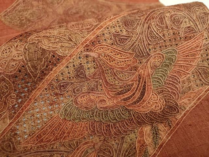 平和屋着物●中国三大刺繍　スワトウ相良刺繍　汕頭相良刺繍　総刺繍　太鼓柄袋帯　紬地　鳳凰花熨斗文　正絹　逸品　未使用　DABG8399ps