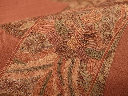 平和屋着物●中国三大刺繍　スワトウ相良刺繍　汕頭相良刺繍　総刺繍　太鼓柄袋帯　紬地　鳳凰花熨斗文　正絹　逸品　未使用　DABG8399ps